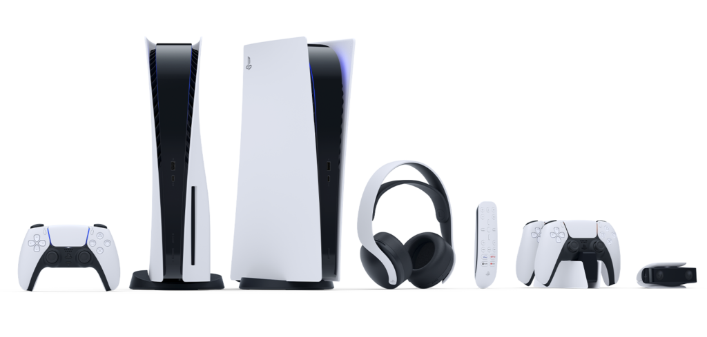 The new PlayStation 5 console and its accessories.