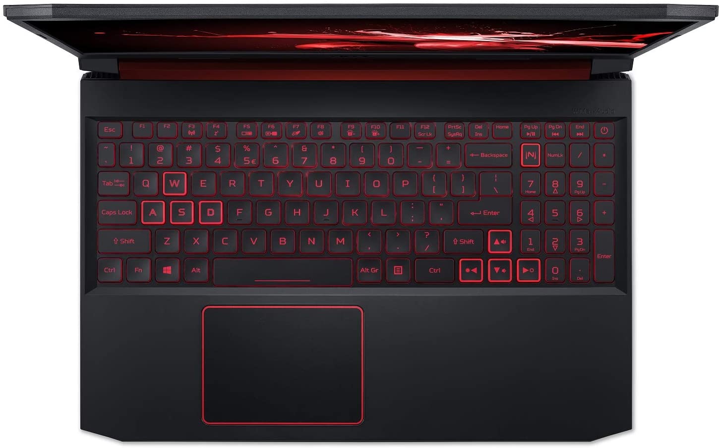 The backlit keyboard and trackpad included on the Acer Nitro 5 gaming laptop. 